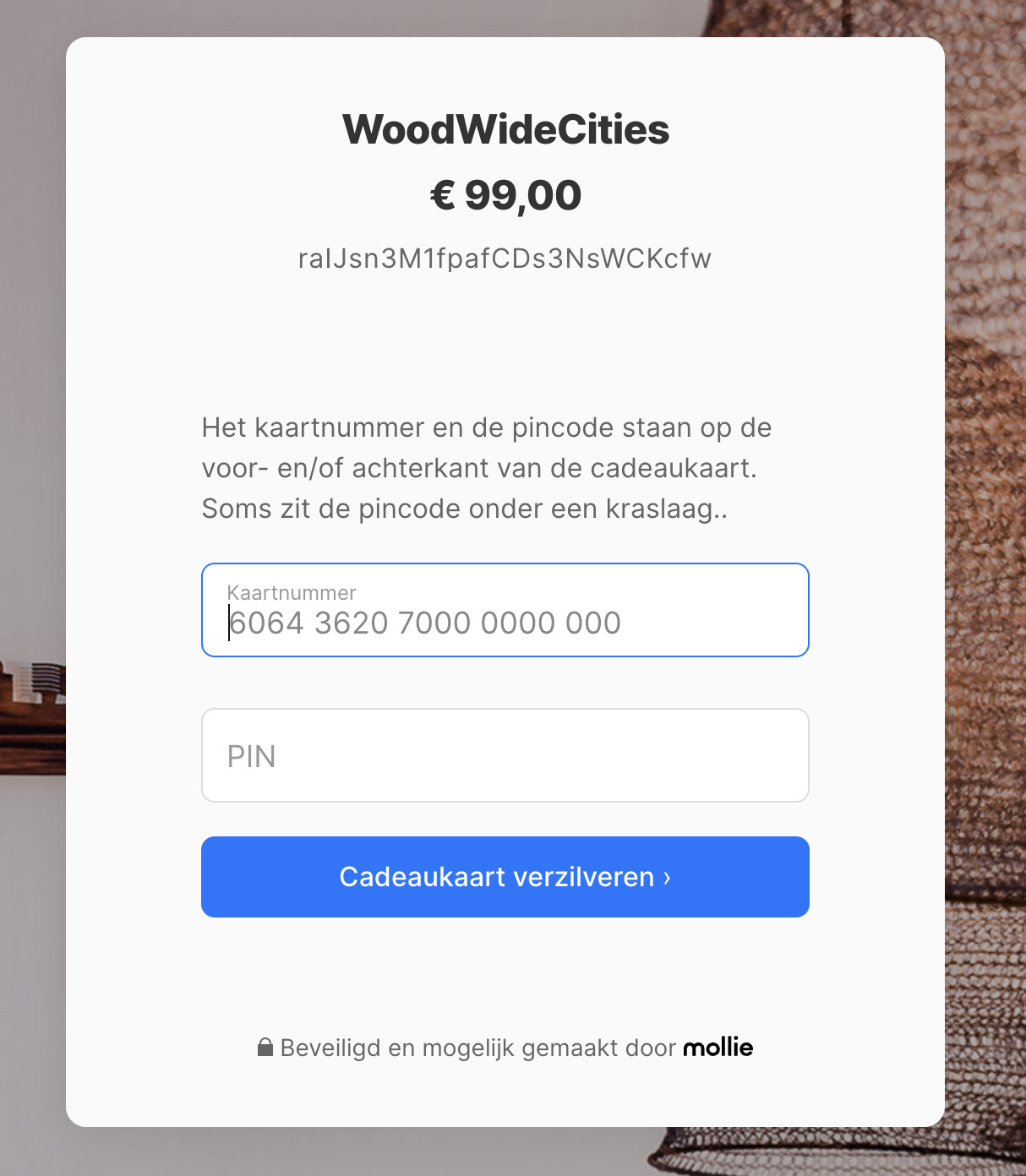 Vul de e-card code in om de webshop giftcard te verzilveren. 